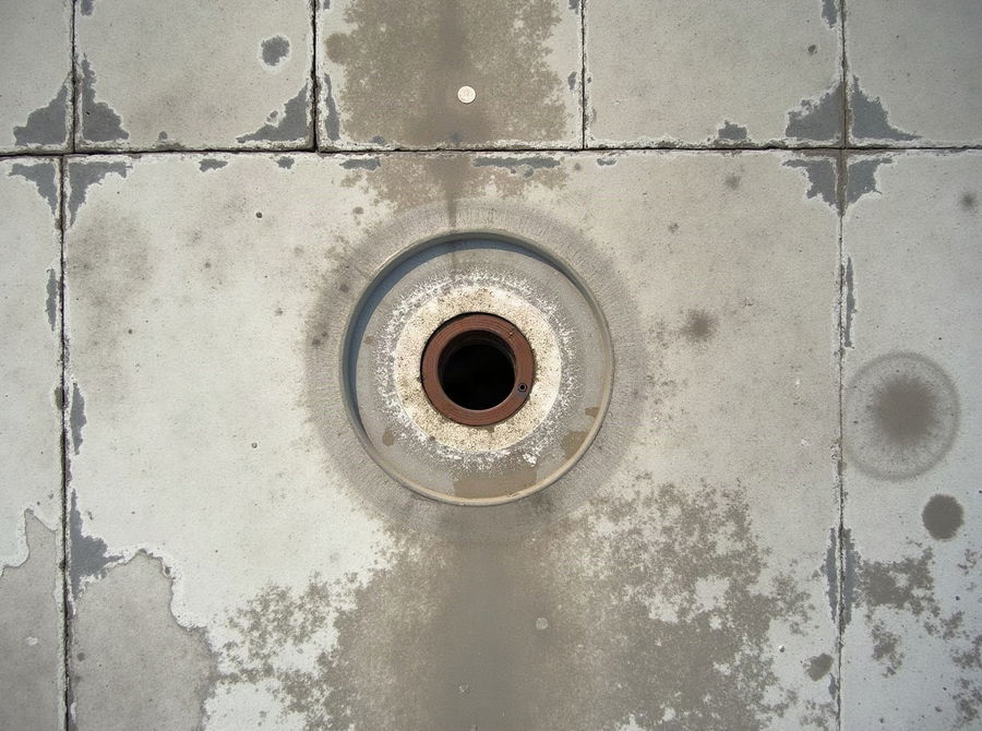 A weathered flat roof coating that has cracked and blistered