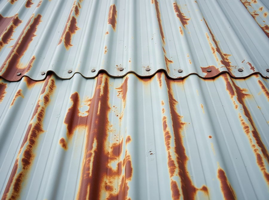 An old metal roof with chalked paint and rust streaking at the fasteners