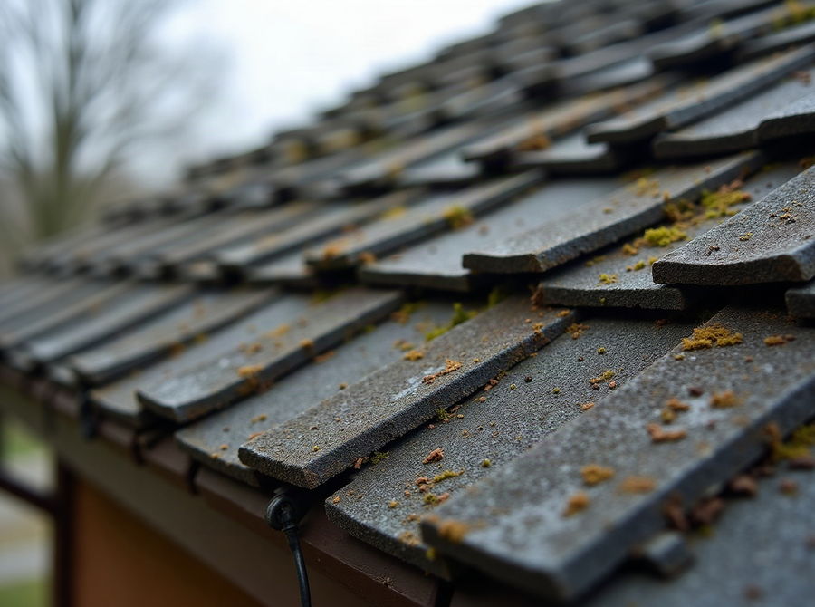 An aged asphalt shingle roof with curling tabs and moss in the shade