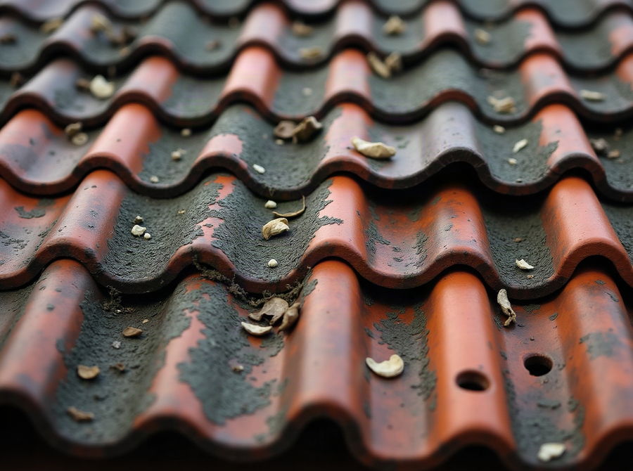 A clay tile roof darkened with lichen and slipped tiles