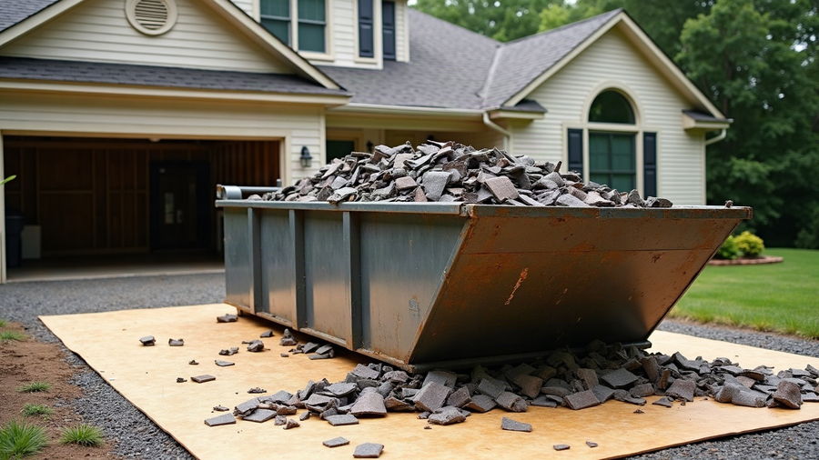 A roll-off dumpster in a driveway filling with torn-off roofing
