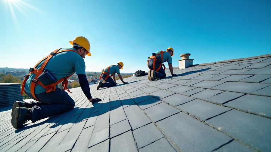 A roofing crew laying courses of shingles on a steep slope, seen from behind