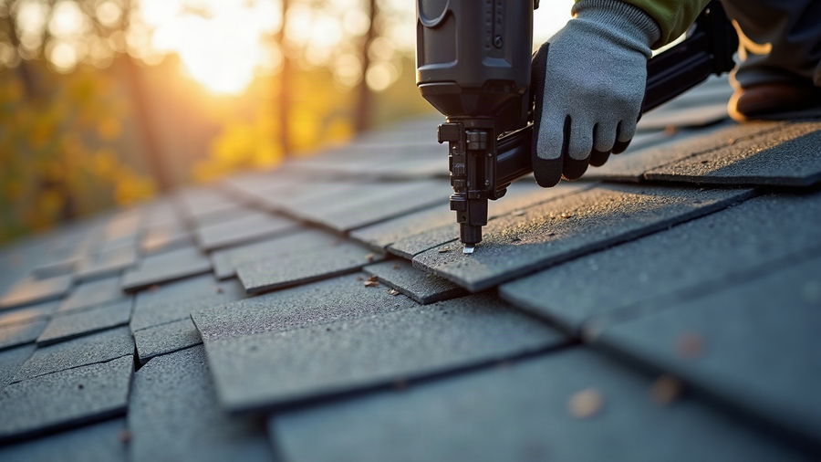 A gloved hand fastening a shingle course with a pneumatic nailer