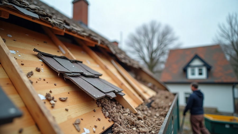 A tear-off in progress with old shingles stripped to bare decking