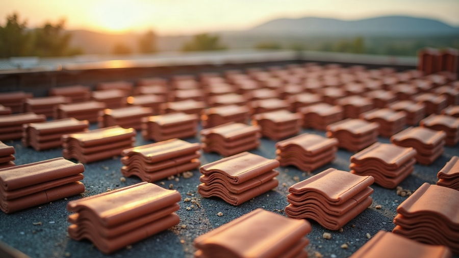 Stacks of clay tiles staged in rows across a roof slope before laying