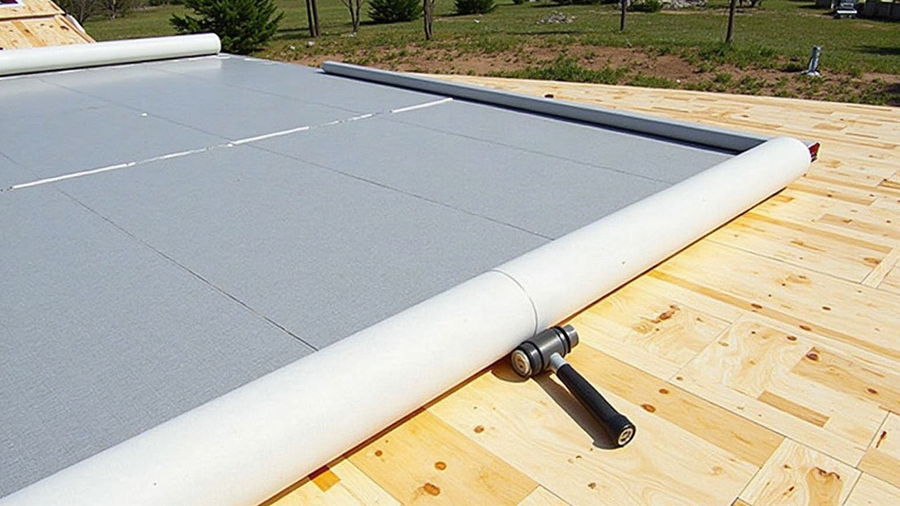Synthetic underlayment being rolled out across fresh roof decking