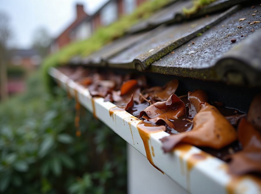 A gutter packed with leaves and grit overflowing at the joint