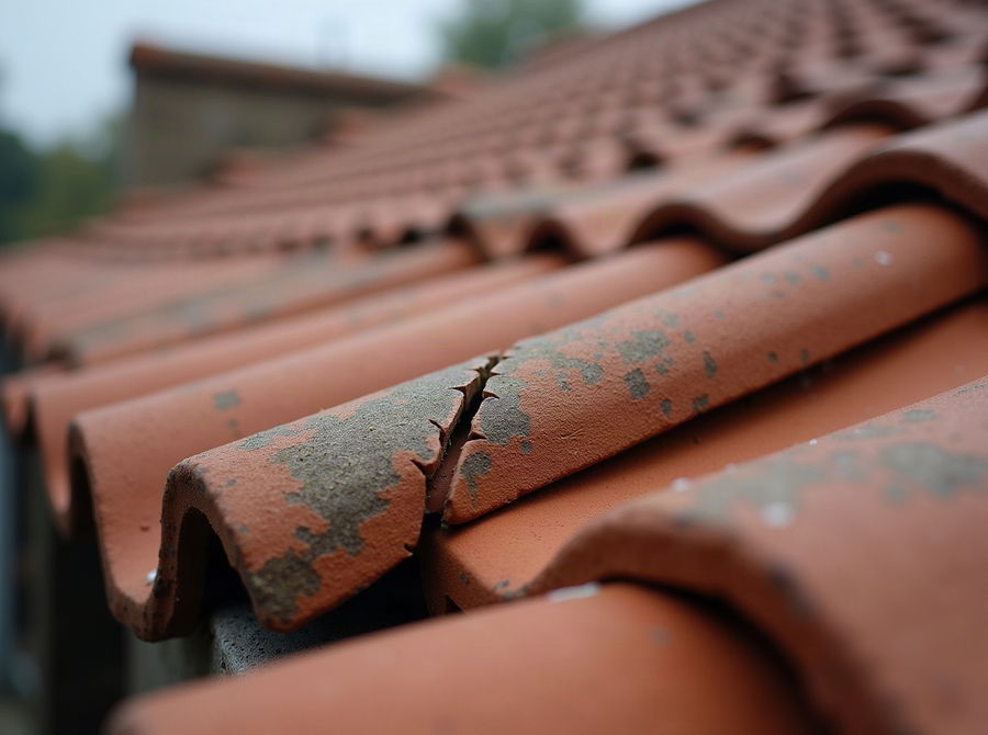 A cracked and slipped clay roof tile among intact tiles