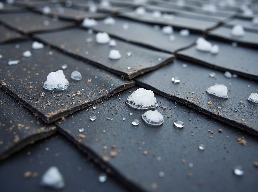 Circular hail impact marks across asphalt shingle surface