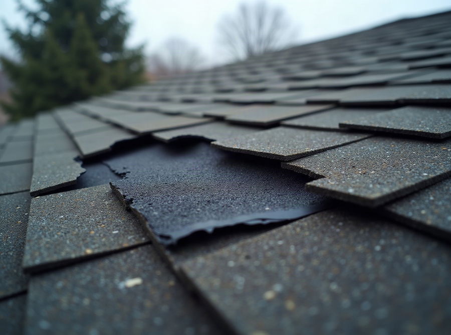 A patch of missing shingles exposing black underlayment