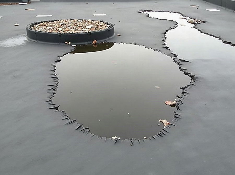 Standing water pooled on a low-slope membrane roof