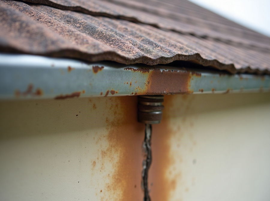 Rusted step flashing at a wall junction with failed sealant