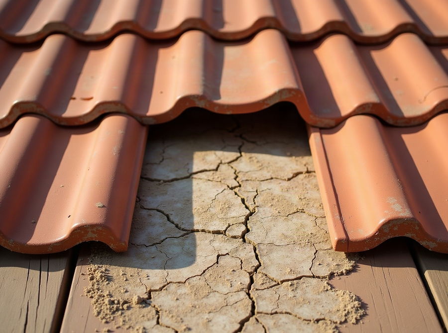 Brittle underlayment exposed where tiles have been lifted away
