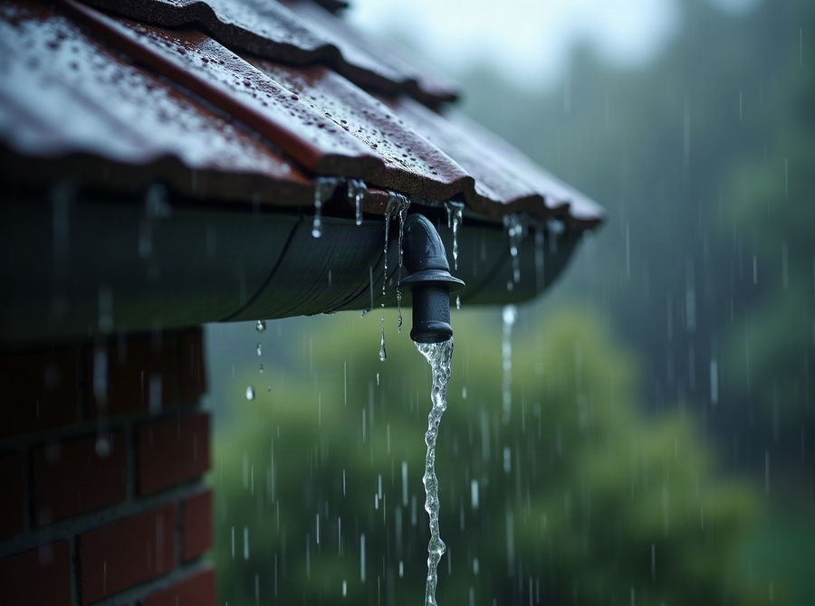 Rain sheeting off a roof edge into a gutter