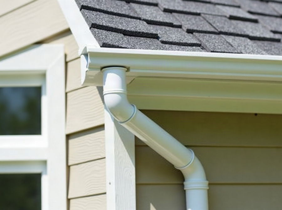 A seamless aluminium gutter running along a fascia to a downspout