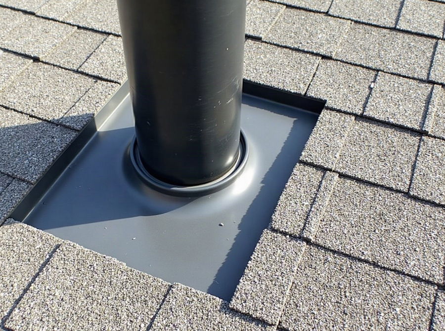 A rubber pipe boot sealing a vent stack through a shingle roof