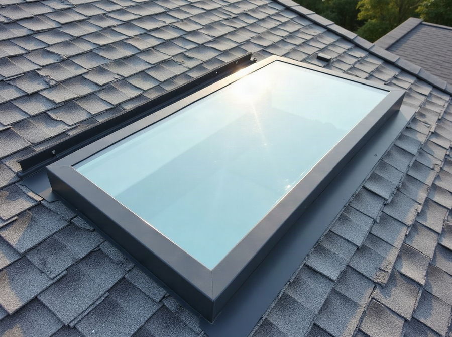 A skylight set into a shingle roof with its metal flashing kit