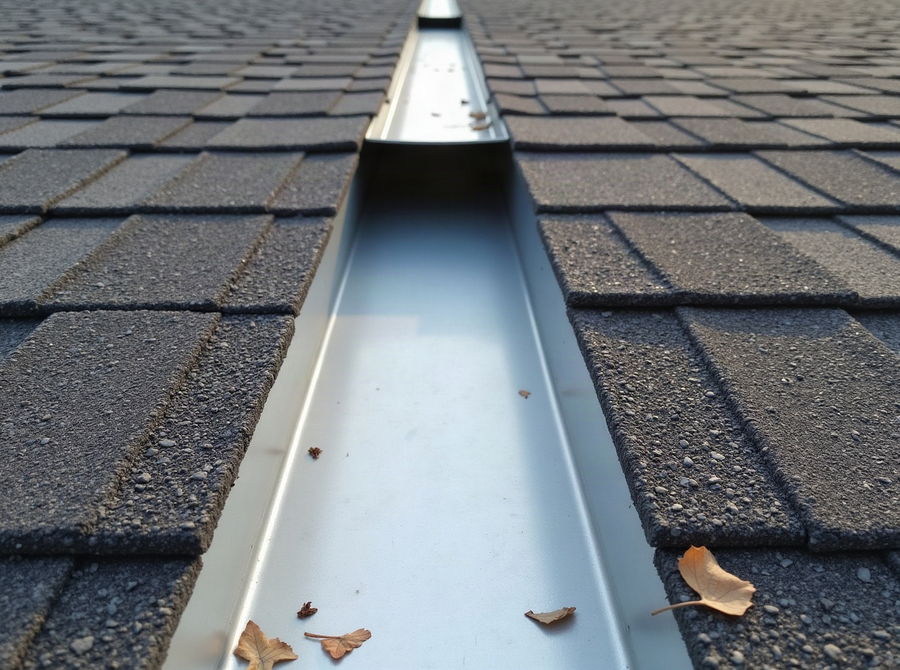 An open metal valley between two roof planes