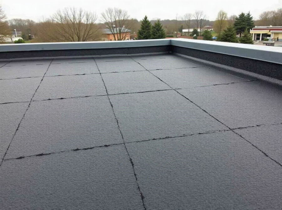 Dark modified-bitumen cap sheet on a flat roof with a parapet edge