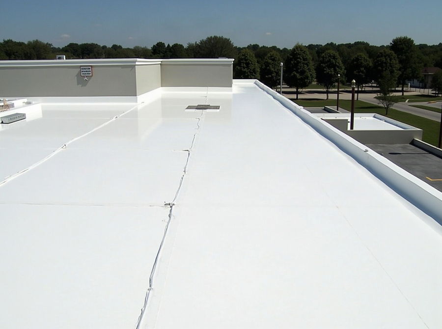 White single-ply membrane on a low-slope roof with welded seams