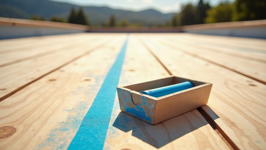 A chalk line snapped across roof decking to set the first course