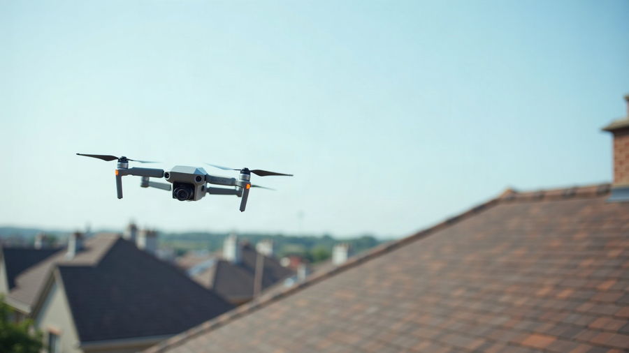 A small survey drone hovering above a residential roof
