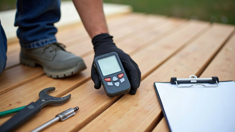 A moisture meter held against roof decking during an inspection