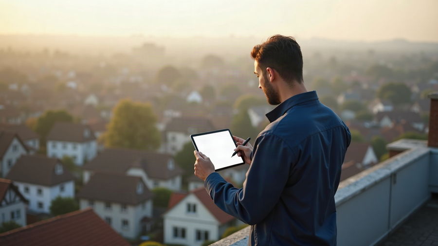 Notes being taken on a tablet at the ridge of a roof