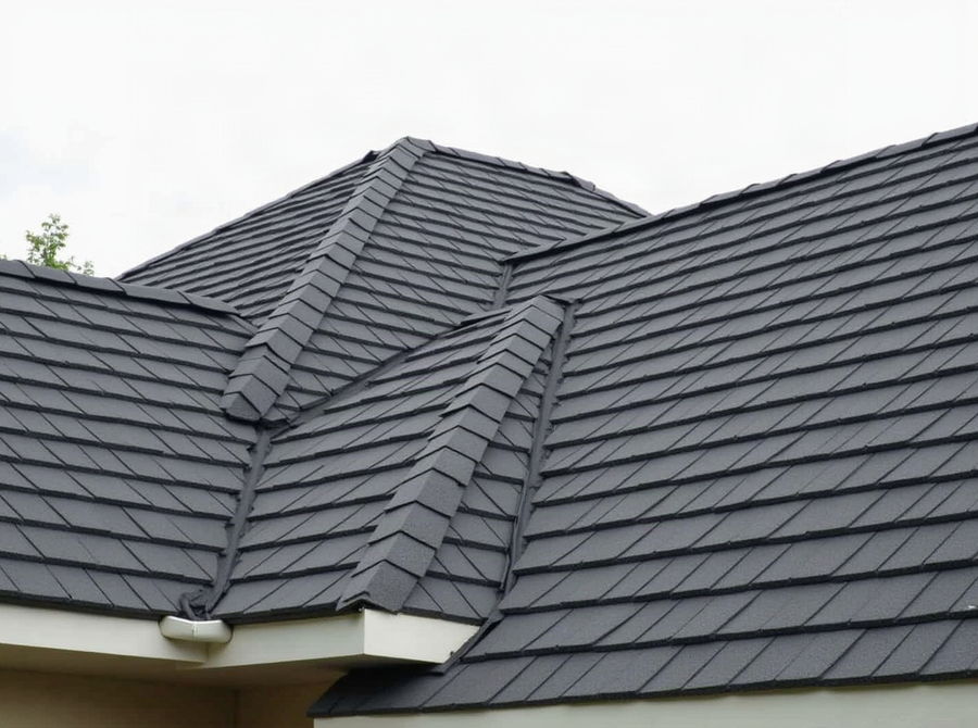 Architectural asphalt shingles running up to a capped ridge on a residential roof