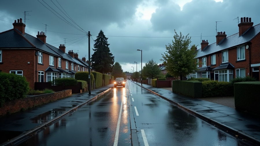A wet residential street with rain still running off the rooftops