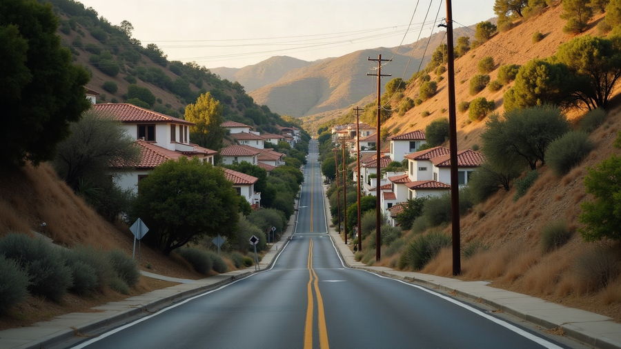 Houses stepping up a canyon road with mixed roof coverings