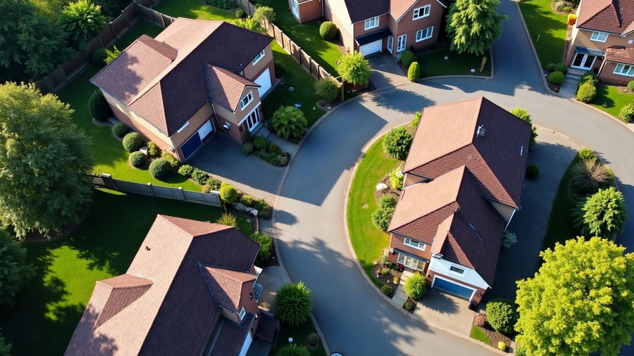 An aerial view of a suburban cul-de-sac of pitched rooftops