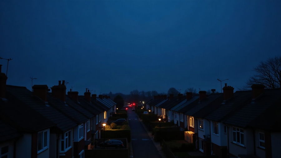 A residential neighbourhood at dusk with lit windows below rooftops