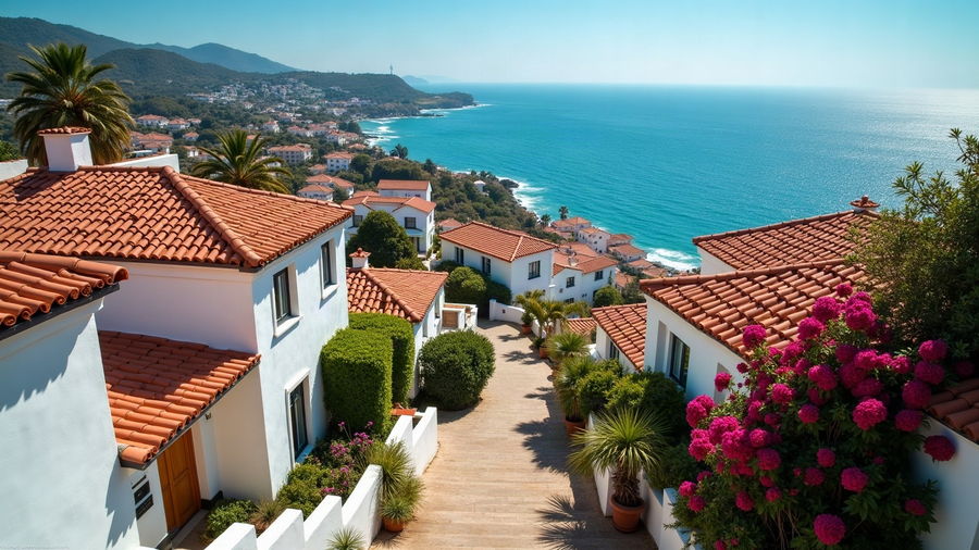 Rows of terracotta tile roofs stepping down a coastal hillside