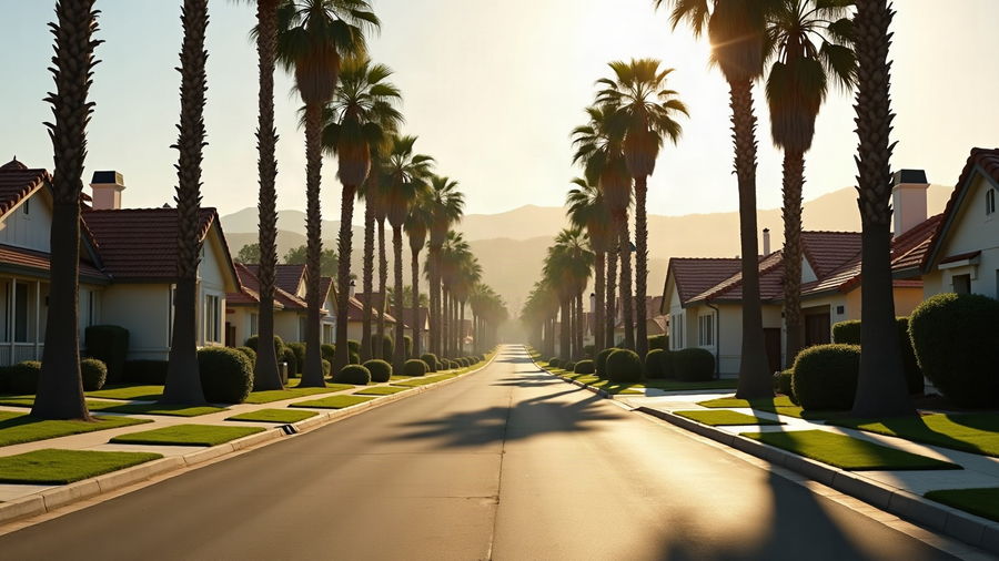 A palm-lined residential street of single-storey homes