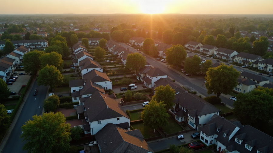 An aerial view across a dense suburb of pitched roofs at golden hour